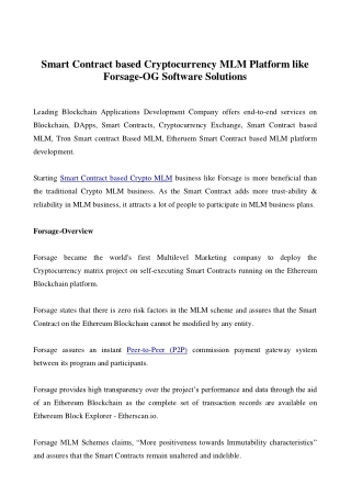 Smart Contract based Cryptocurrency MLM Platform like Forsage-OG Software Solutions