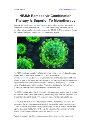 NEJM: Remdesivir Combination Therapy Is Superior To Monotherapy