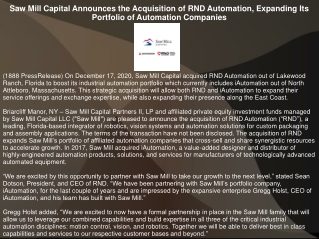 Saw Mill Capital Announces the Acquisition of RND Automation, Expanding Its Portfolio of Automation Companies