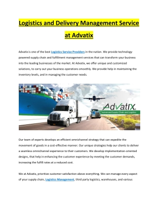 Logistics and Delivery Management Service at Advatix