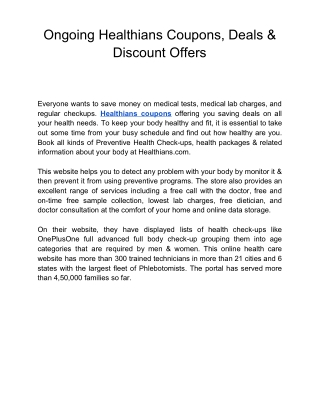 Ongoing Healthians Coupons, Deals & Discount Offers