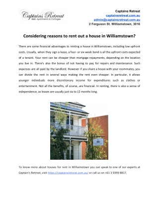 Considering reasons to rent out a house in Williamstown?