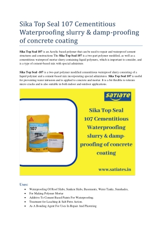 Sika Top Seal 107 Cementitious Waterproofing slurry & damp-proofing of concrete coating