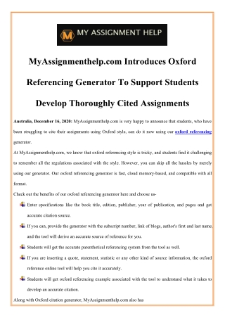 MyAssignmenthelp.com Introduces Oxford Referencing Generator To Support Students Develop Thoroughly Cited Assignments