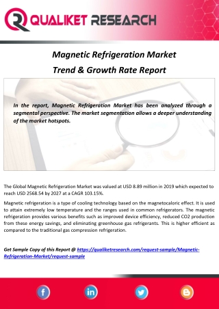 Magnetic Refrigeration Market Growth Analysis by Region, Opportunities, Major Applications and Forecast to 2027
