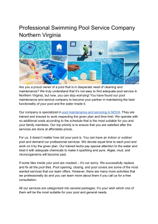 Swimming Pool Service Company Northern Virginia