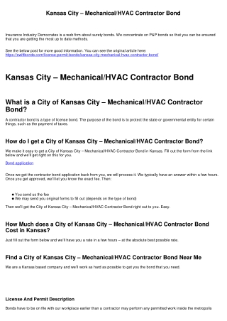 Kansas City – Mechanical/HVAC Contractor Bond