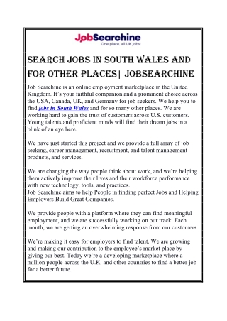 Search JobS In South WaleS and For other PlaceS| JobSearchIne