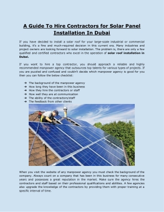 A Guide To Hire Contractors for Solar Panel Installation In Dubai