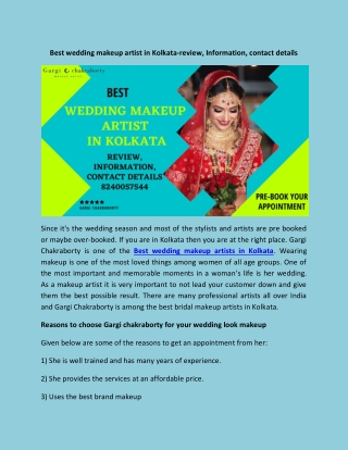 Best wedding makeup artist in Kolkata-review, Information, contact details