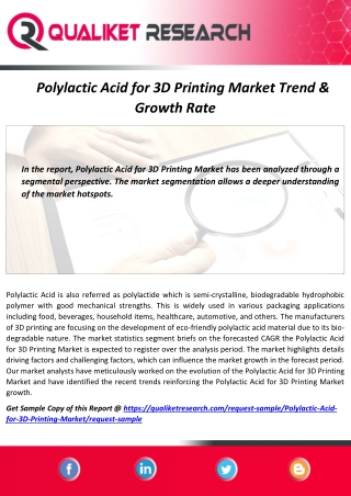 Polylactic Acid for 3D Printing Market  Forecast, Industry News, Development Opportunities & Challenges