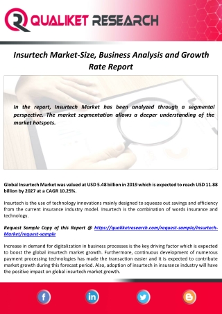 Insurtech Market Size, Share, Scope, Analysis and Forecast Report to 2027