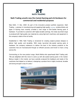 Nath Trading unveils new Die-Casted Awning parts & Hardware for commercial and residential purposes
