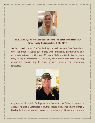 Sonja L Haaby’s Work Experience before She Established Her Own Firm, Haaby & Associates, LLC In 2018