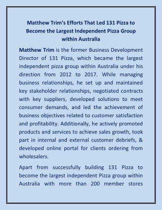 Matthew Trim’s Efforts That Led 131 Pizza to Become the Largest Independent Pizza Group within Australia