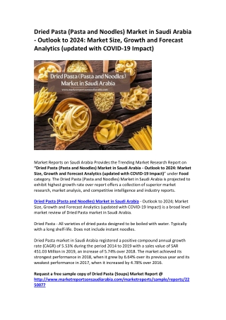 Dried Pasta (Pasta and Noodles) Market in Saudi Arabia - Outlook to 2024