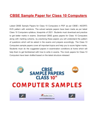 CBSE Sample Paper 2021 for Class 10 Computers Based on Revised CBSE Syllabus 2020-21