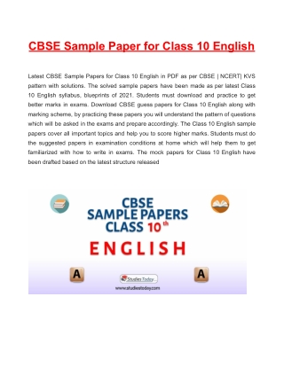 Download CBSE Sample Paper 2021 for Class 10 English with solution in PDF