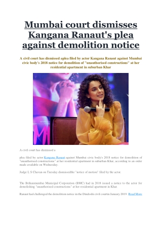 Mumbai court dismisses Kangana Ranaut's plea against demolition notice