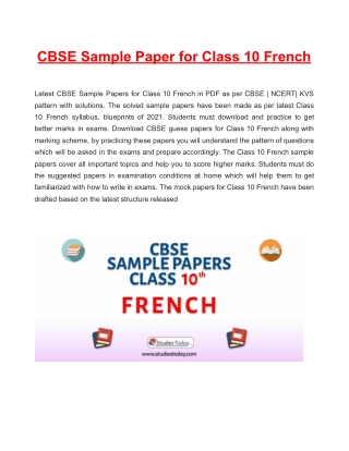 CBSE Sample Paper 2021 for Class 10 French Based on Revised CBSE Syllabus 2020-21