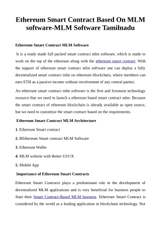 Ethereum Smart Contract Based On MLM software-MLM Software Tamilnadu