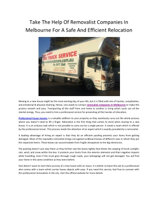 Take The Help Of Removalist Companies In Melbourne For A Safe And Efficient Relocation