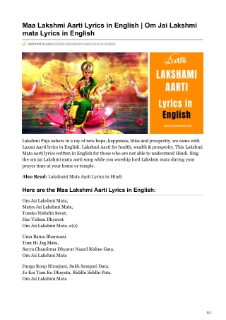 Maa Lakshmi Aarti Lyrics in English | Om Jai Lakshmi mata Lyrics in English