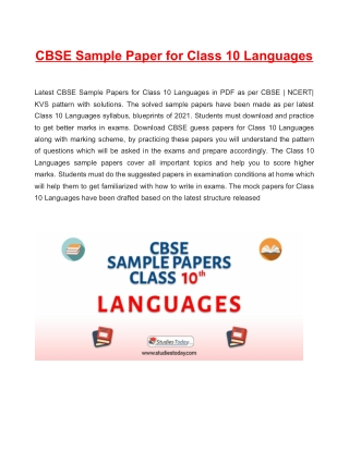 CBSE Sample Paper 2021 for Class 10 Languages Based on Revised CBSE Syllabus 2020-21