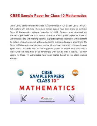 Download CBSE Sample Paper 2021 for Class 10 Mathematics with solution in PDF