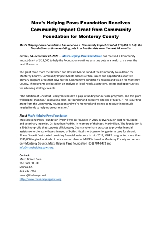 Max’s Helping Paws Foundation Receives Community Impact Grant from Community Foundation for Monterey County