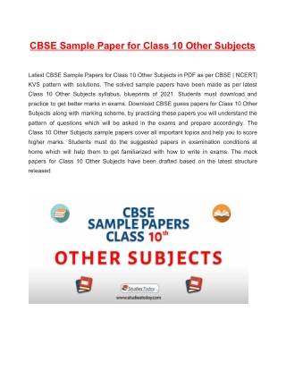 CBSE Sample Paper 2021 for Class 10 Other Subjects Based on Revised CBSE Syllabus 2020-21