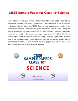 Download CBSE Sample Paper 2021 for Class 10 Science with solution in PDF