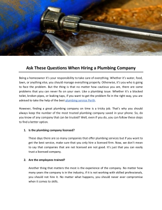 Ask These Questions When Hiring a Plumbing Company