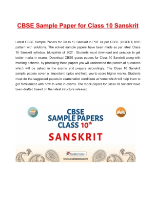 CBSE Sample Paper 2021 for Class 10 Sanskrit Based on Revised CBSE Syllabus 2020-21