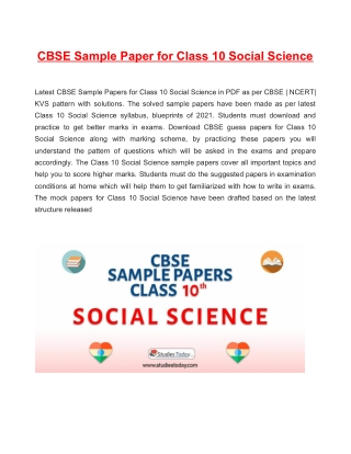 Download CBSE Sample Paper 2021 for Class 10 Social Science with solution in PDF