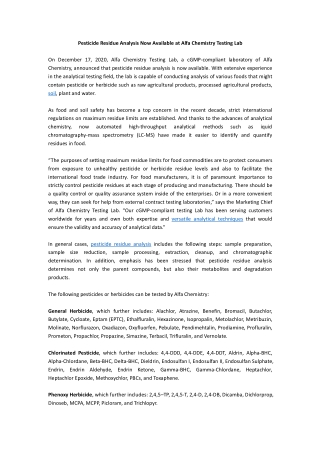 Pesticide Residue Analysis Now Available at Alfa Chemistry Testing Lab