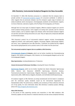 Alfa Chemistry Instrumental Analytical Reagents Are Now Accessible