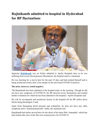 Rajinikanth admitted to hospital in Hyderabad for BP fluctuations