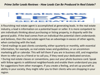 Prime Seller Leads Reviews - How Leads Can Be Produced In Real Estate?