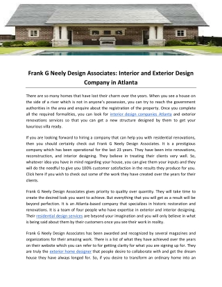 Frank G Neely Design Associates: Interior and Exterior Design Company in Atlanta