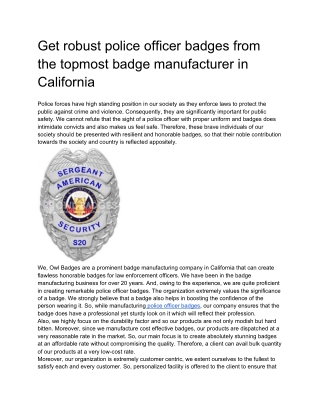 Get robust police officer badges from the topmost badge manufacturer in California