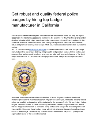 Get robust and quality federal police badges by hiring top badge manufacturer in California