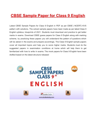 Download CBSE Sample Paper 2021 for Class 9 English with solution in PDF