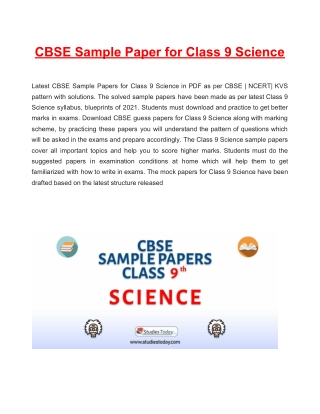 Download CBSE Sample Paper 2021 for Class 9 Science with solution in PDF