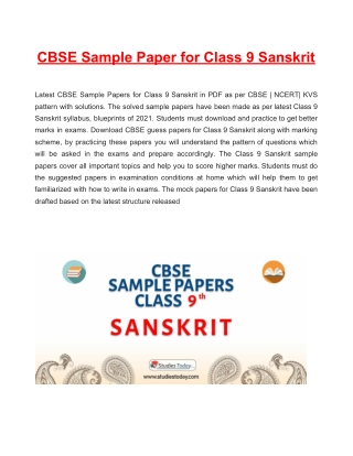 CBSE Sample Paper 2021 for Class 9 Sanskrit Based on Revised CBSE Syllabus 2020-21