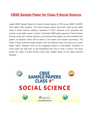 Download CBSE Sample Paper 2021 for Class 9 Social Science with solution in PDF