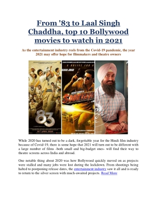 From '83 to Laal Singh Chaddha, top 10 Bollywood movies to watch in 2021