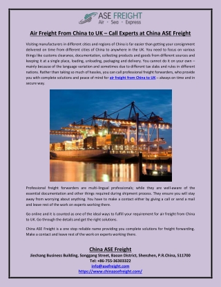 Air Freight From China to UK – Call Experts at China ASE Freight
