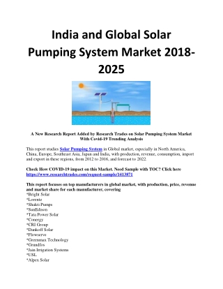 India and Global Solar Pumping System Market 2018-2025