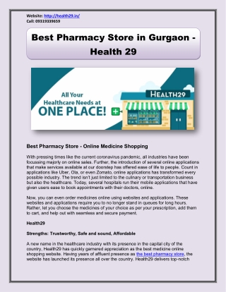 Best Pharmacy Store in Gurgaon - Pharmacy Home Delivery | Health 29